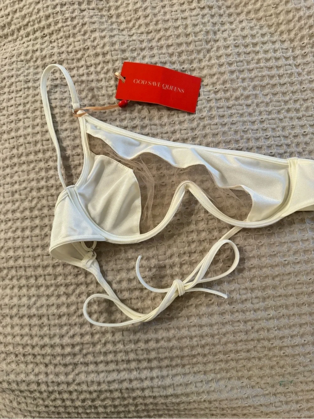 NEW God Save Queens Gigi Bikini Top White Asymmetrical One Shoulder Mesh XS NWT